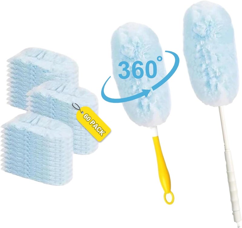 EAYBOMC 60 Count Duster Refills Compatible with Swiffer Duster 360 Heavy Duty Refills Multi Surface with 1 Short Handle and 1 Long Handle - Image 1